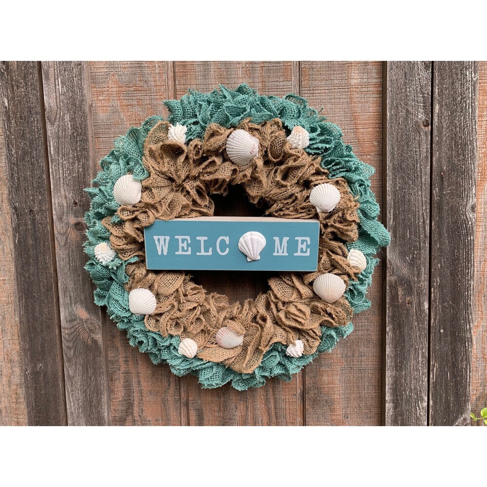Beachy Coastal WELCOME Wreath Ruffle Aqua/Natural Bulap & Seashells Handmade New